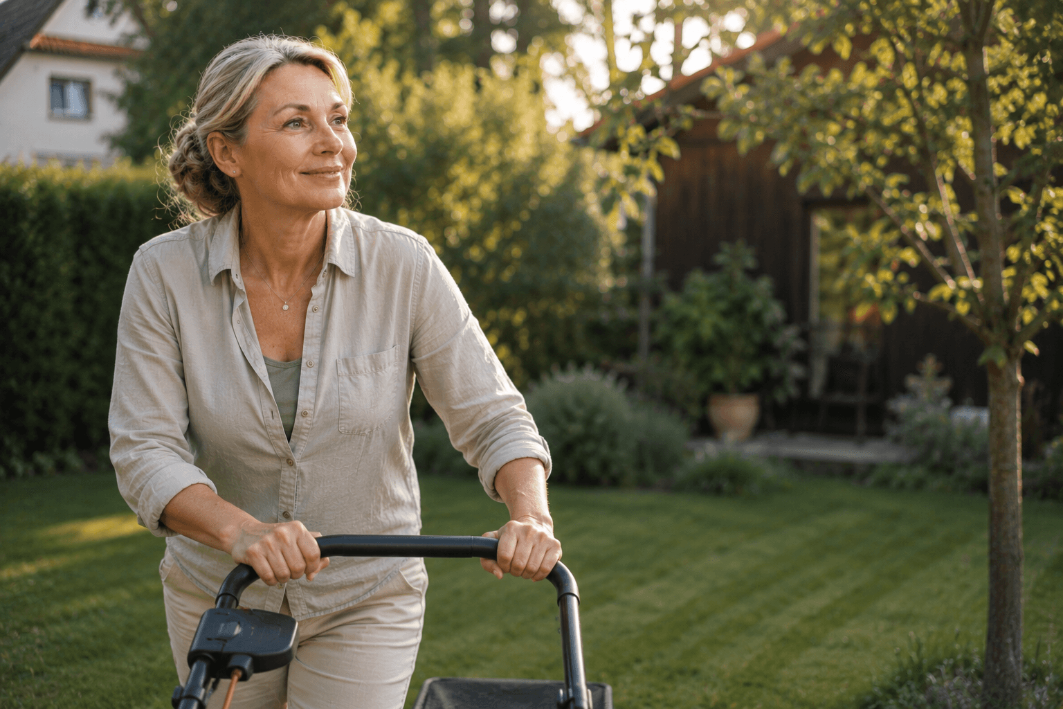 Frau bei der Gartenarbeit — gepflegte Hörsysteme halten auch im Alltag mit