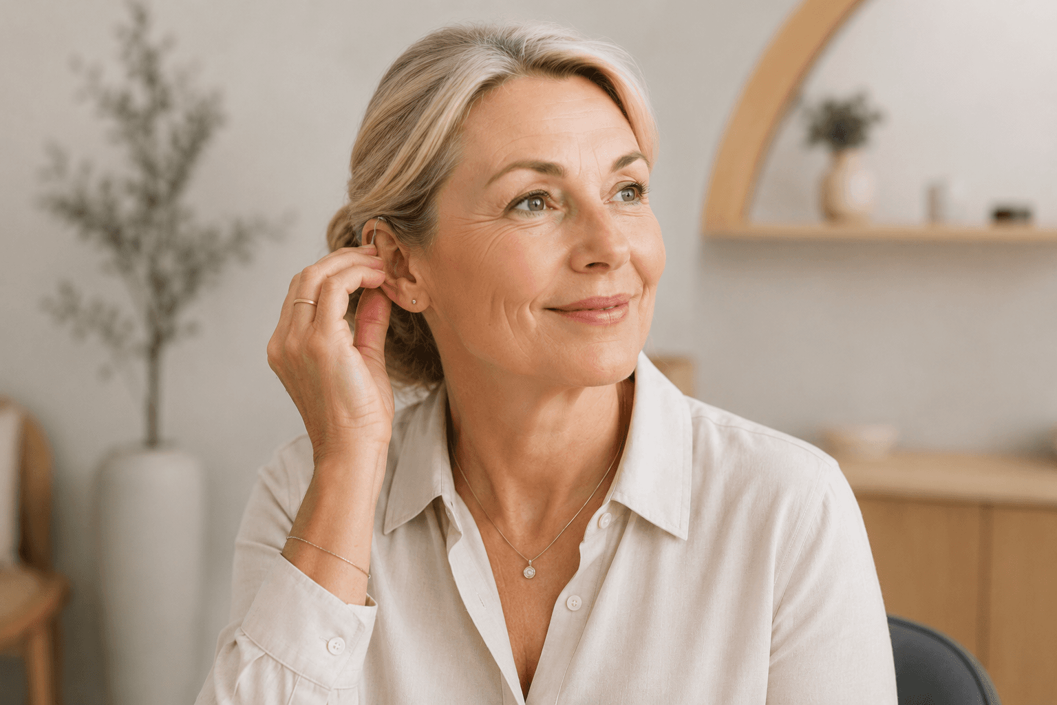 Frau setzt ihre Hörsysteme selbstständig ein