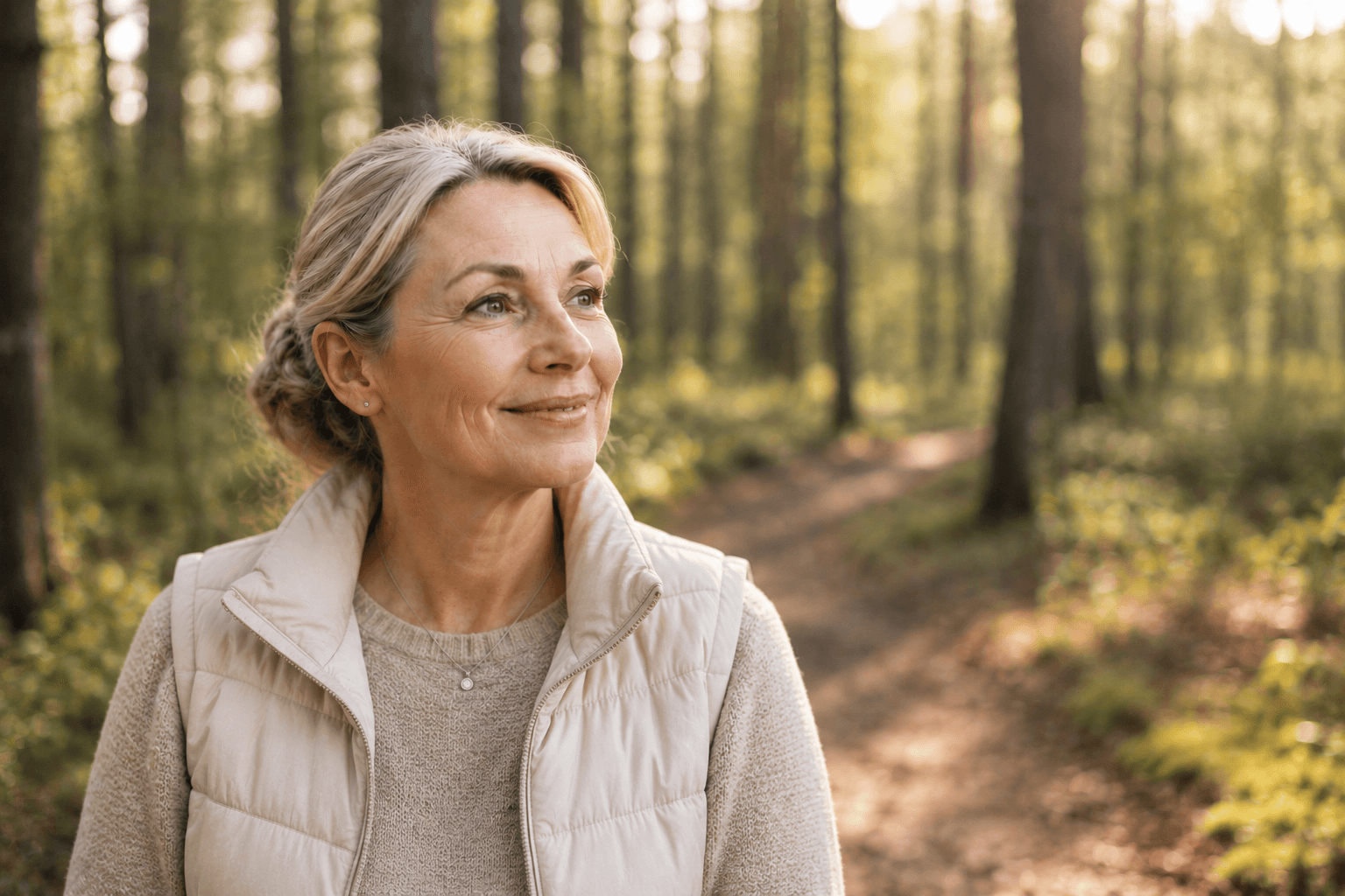 Frau beim entspannten Spaziergang im Wald