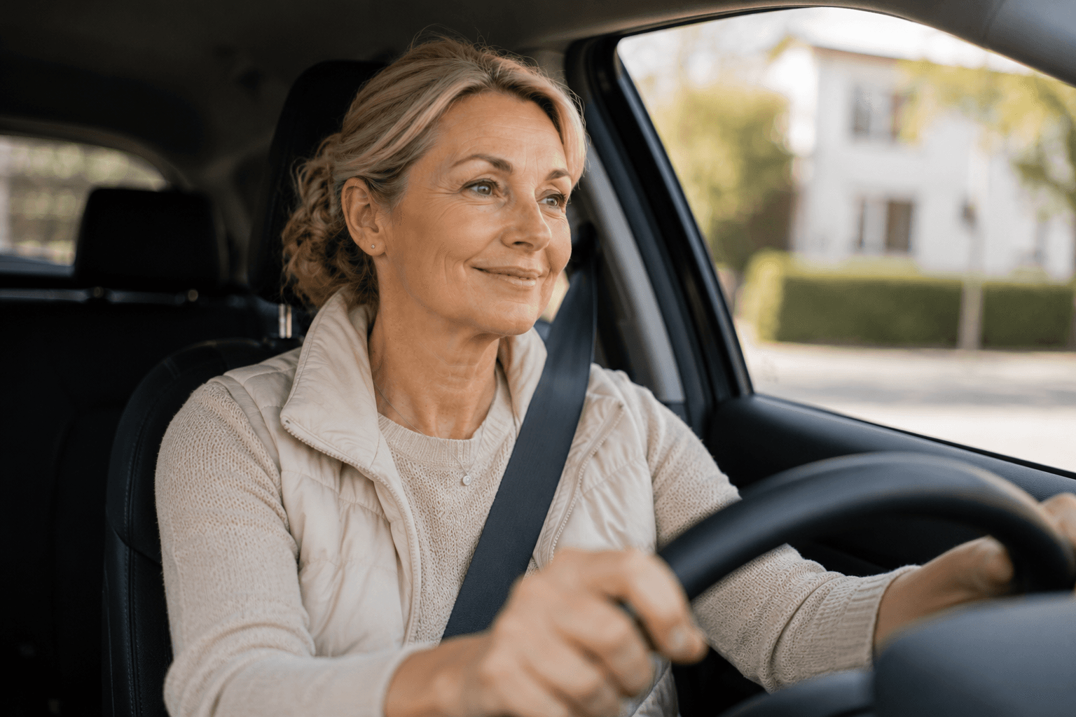 Frau am Steuer ihres Autos — Verstehen im Alltag ist auch unterwegs wichtig