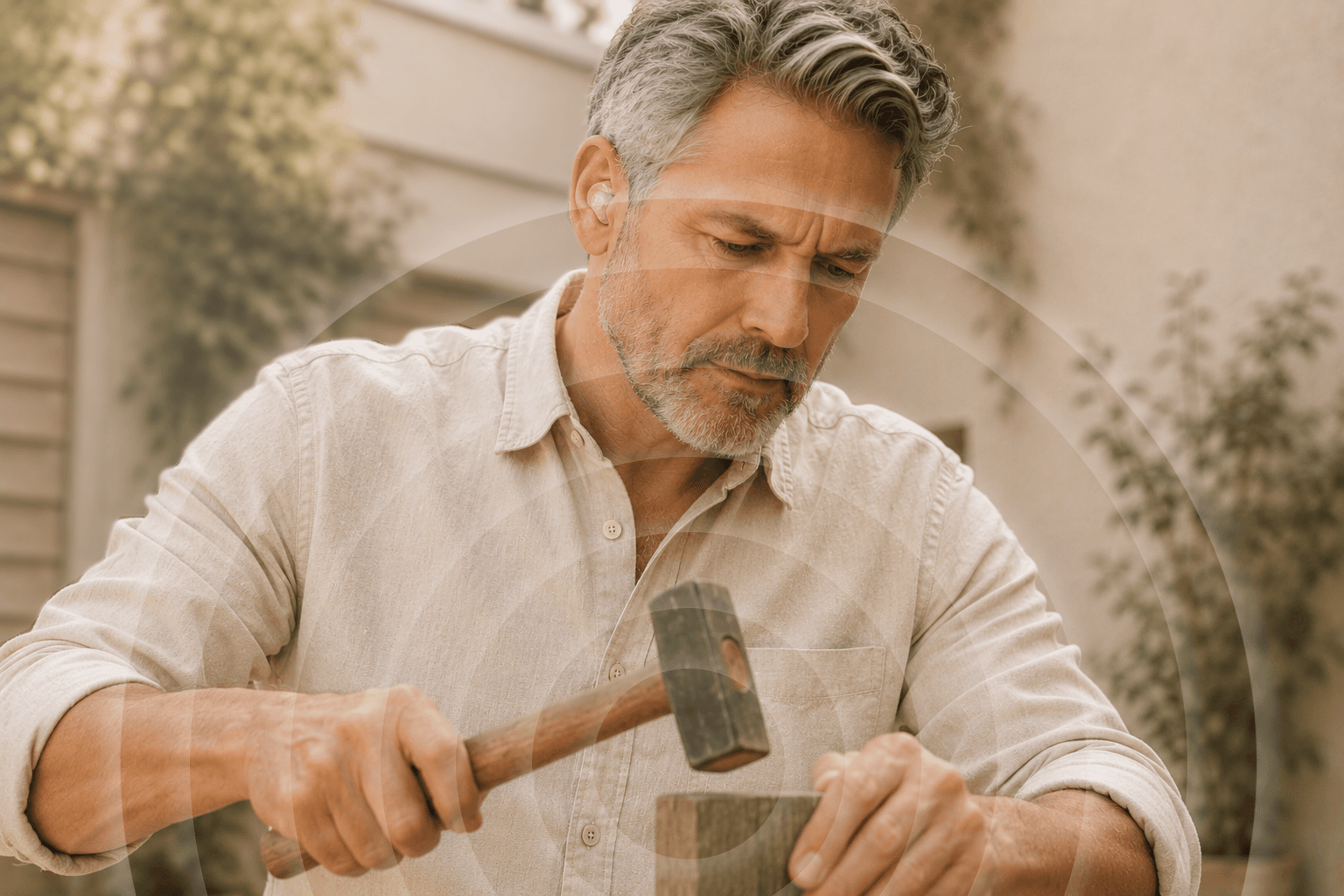 Mann mit Gehörschutz bei der Gartenarbeit